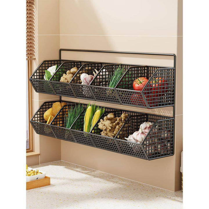 Wall-Mounted Dual-Tier Ventilated Kitchen Produce Storage Basket