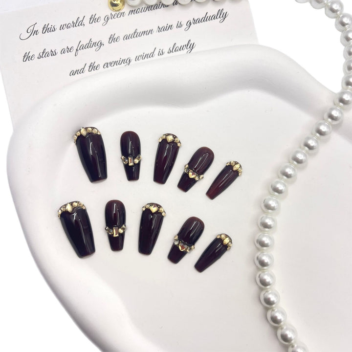 Artistic Glamorous Press-On Nails Set with Crystal Accents