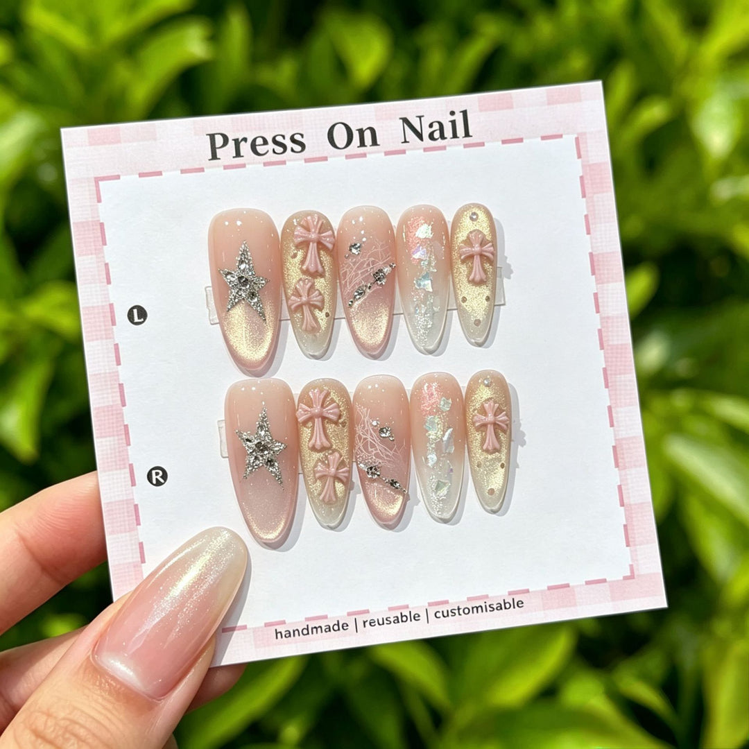 Artistic Press-On Nail Art Set with Star and Floral Accents