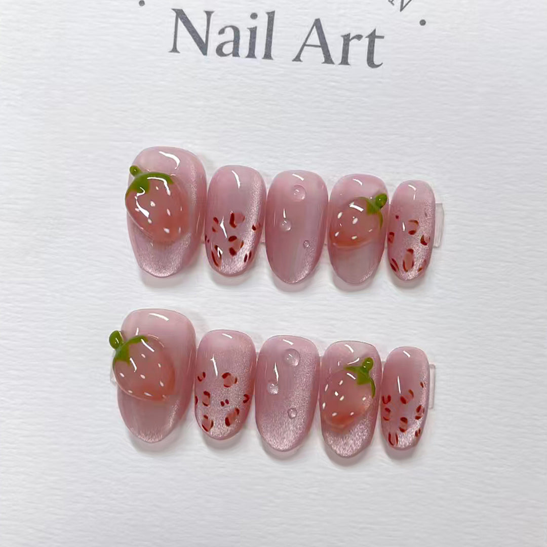 Artistic Strawberry-Inspired Press-On Nail Art Kalsten