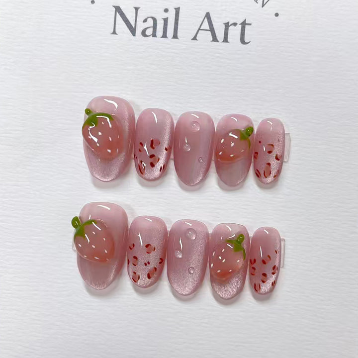 Artistic Strawberry-Inspired Press-On Nail Art Kalsten