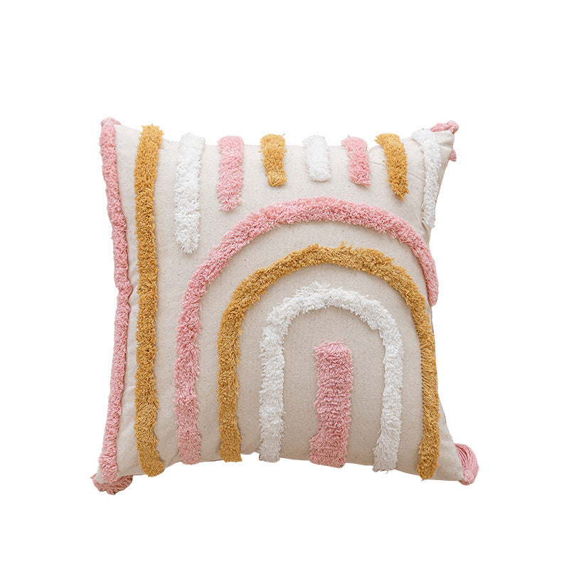 Hand-Tufted Arc-Motif Cotton Square Accent Pillow with Corner Tassels and Removable Insert