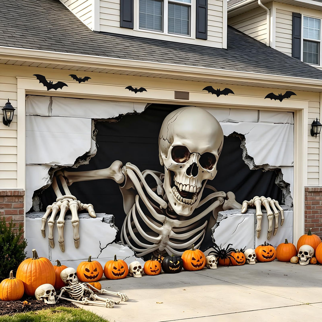 Large-format Halloween photo background made of weatherproof polyester with grommeted fastening edge and bright Haunted House motif
