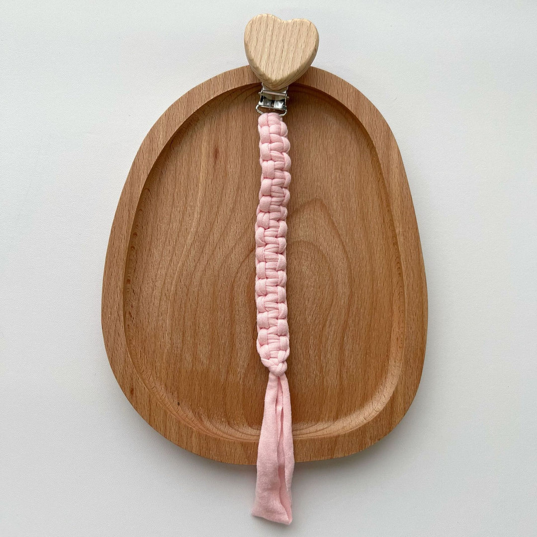Braided Fabric Pacifier Clip with Wooden Heart Safety Clamp