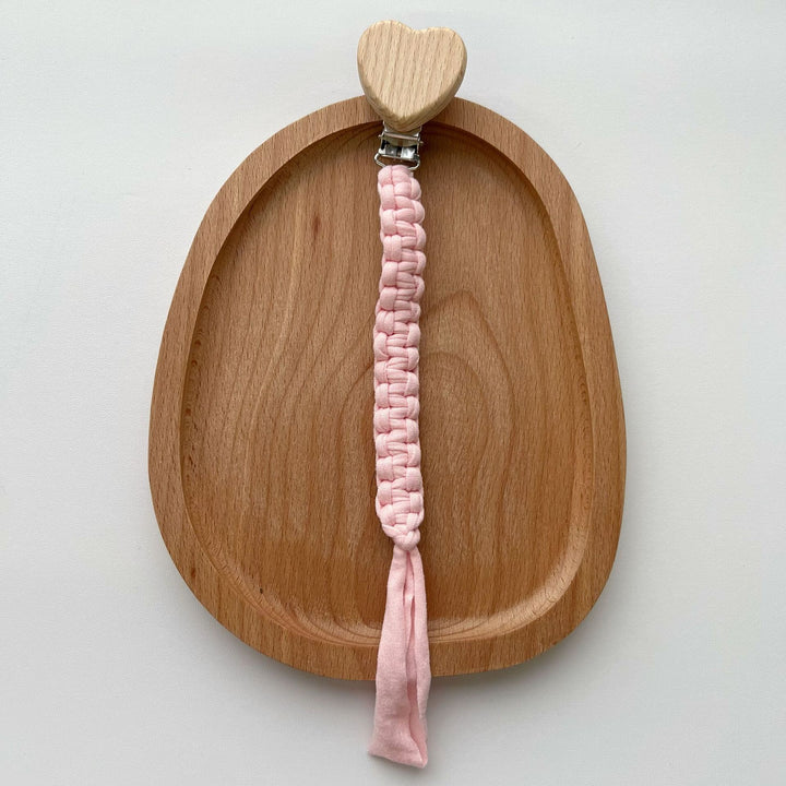 Braided Fabric Pacifier Clip with Wooden Heart Safety Clamp