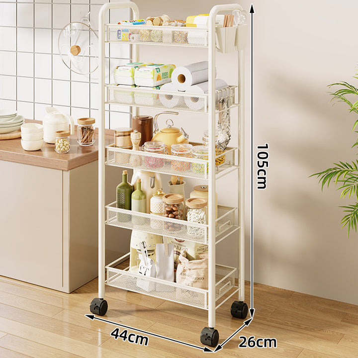 Three-Tier Rolling Mesh Kitchen Storage Cart with Side Utensil Caddy and Locking Casters