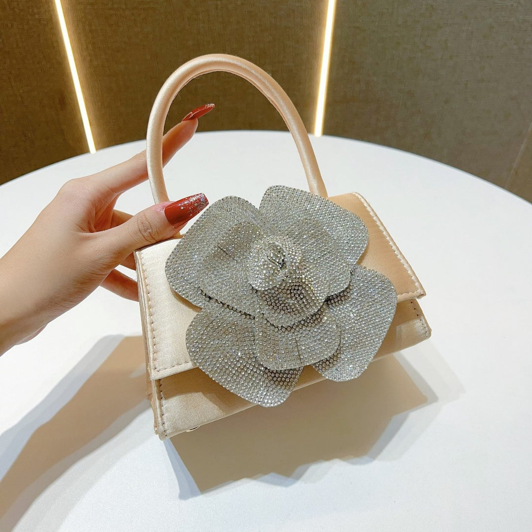 Flower-Embellished Satin Handbag
