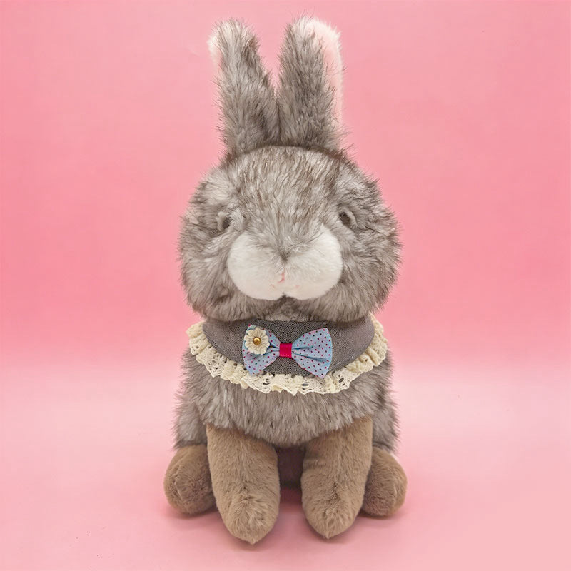 Sitting Plush Bunny with Lace-Trimmed Bow Collar and Ultra-Soft Faux Fur Kalsten
