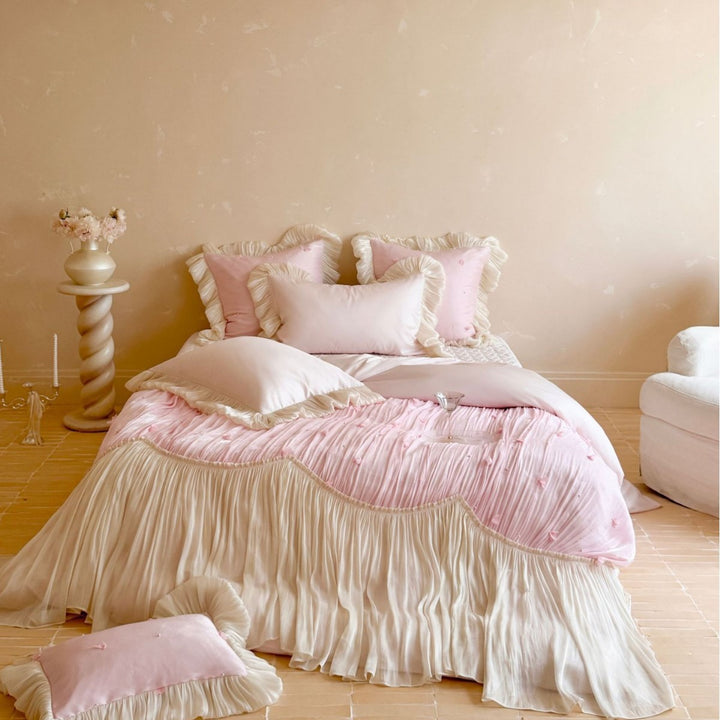 Luxurious romantic bedding set with pleated ruffles and decorative cushion