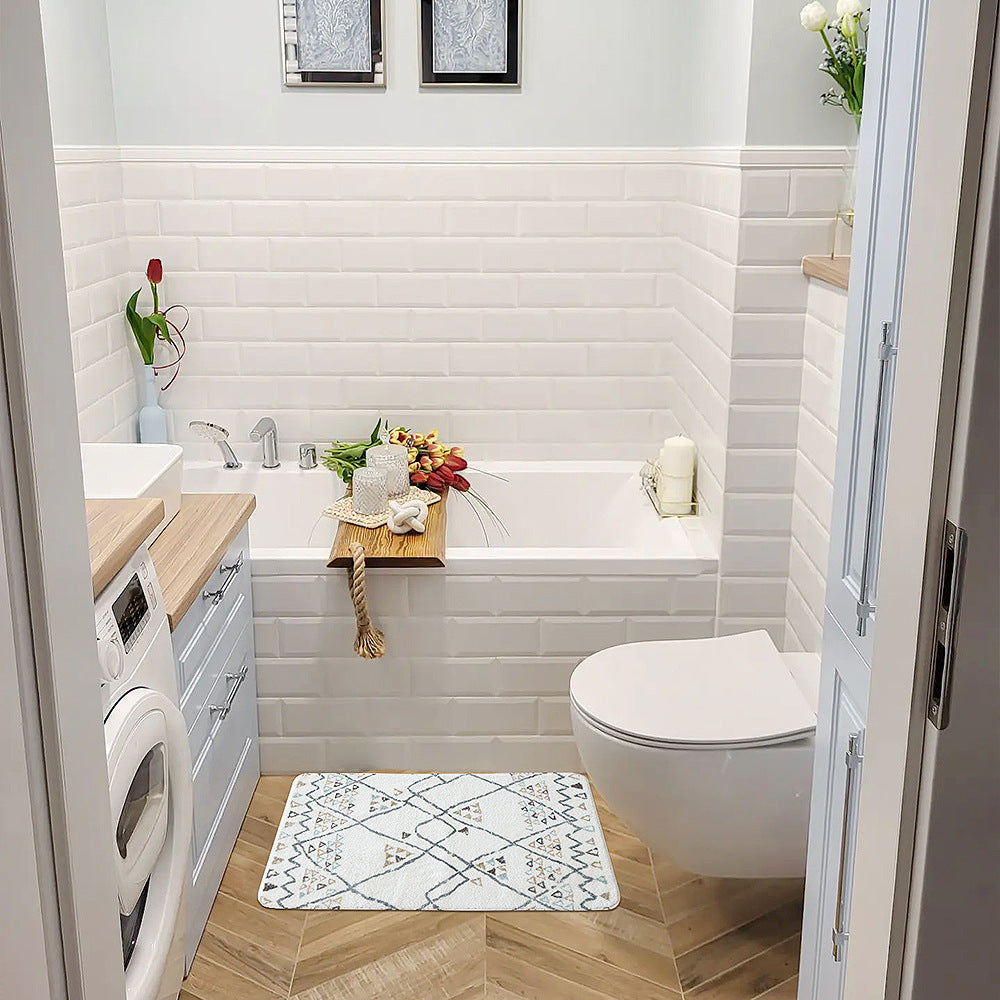 Soft cotton bathroom runner with fringes and geometric check design