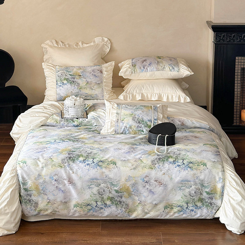 Luxurious satin bedding set with ruffles and watercolor floral pattern