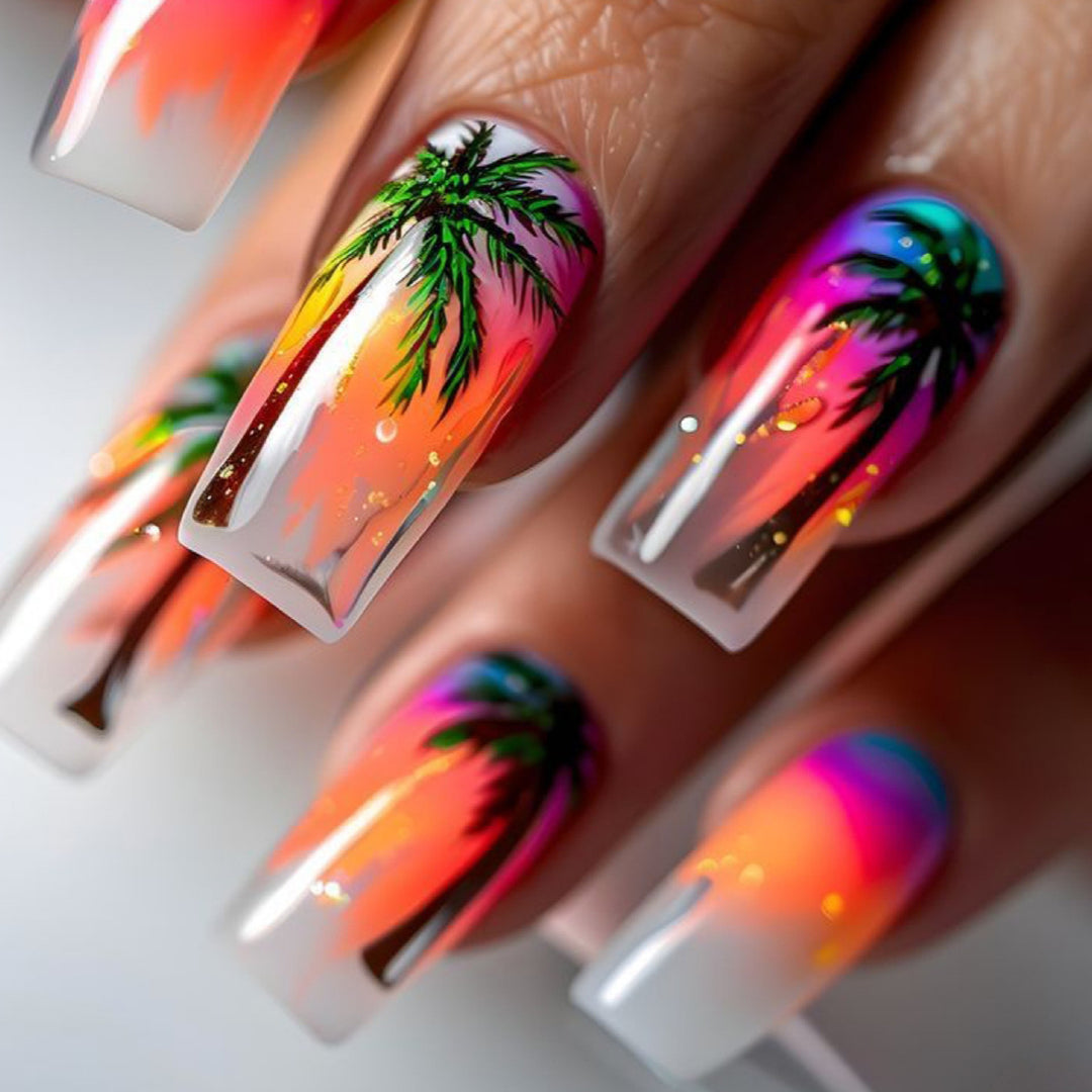 Artificial nails with tropical palm and sunset design Kalsten