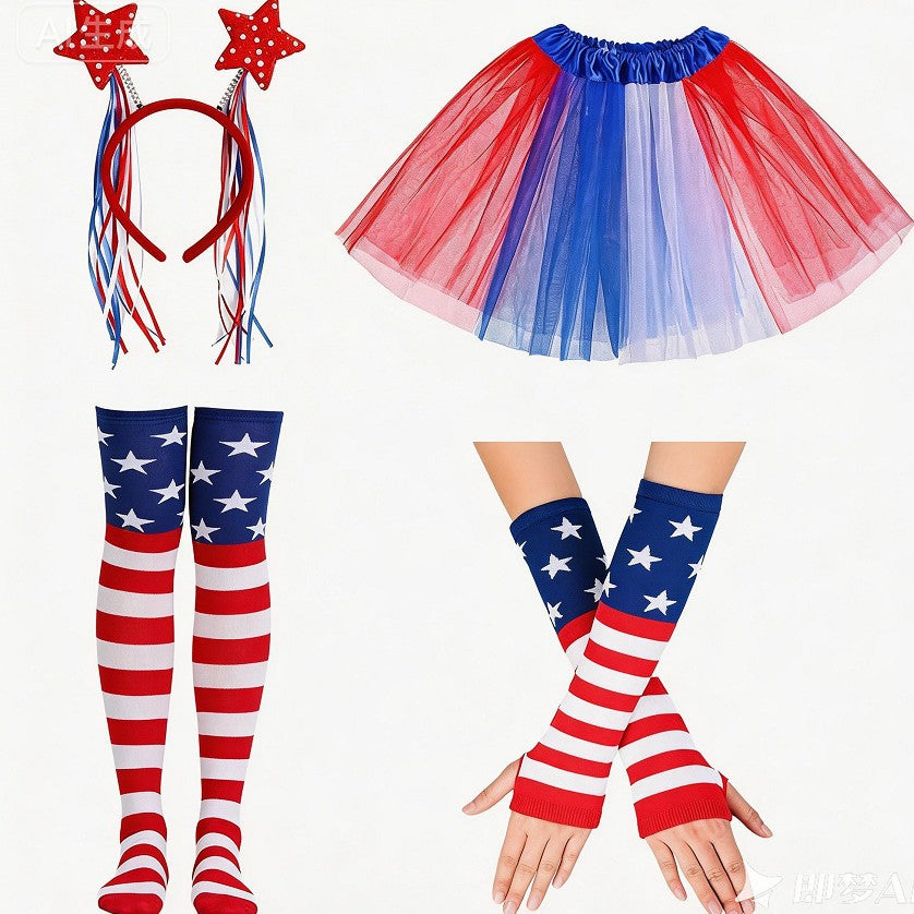 Women's patriotic carnival costume set with layered tulle skirt elastic waistband bow hairband thigh-high stockings and arm warmers Kalsten