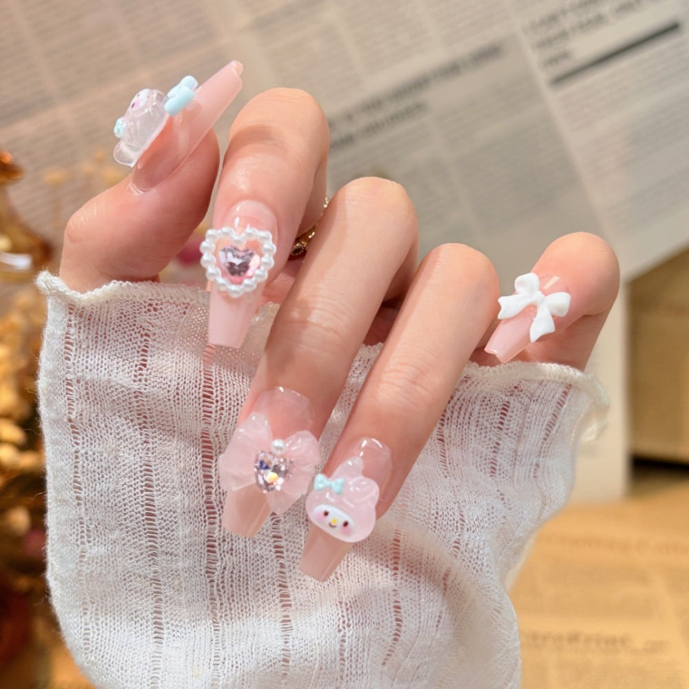 Artistic Press-On Nail Design with Decorative Silver Accents Kalsten