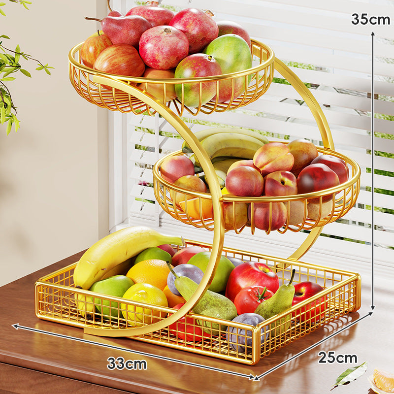 Three-Tier Gold Mesh Fruit Basket Countertop Organizer with Curved Frame