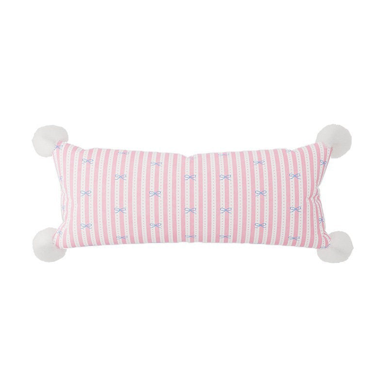 Long Lumbar Decorative Throw Pillow with Pom-Pom Corners and Bow-Striped Cotton-Linen Cover