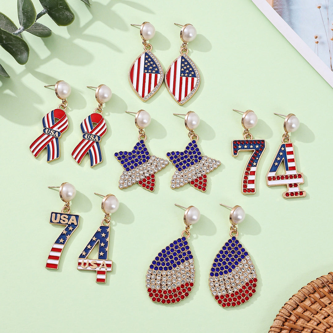 Ladies' eye-catching statement earrings with pearl stud and USA number pendant Kalsten