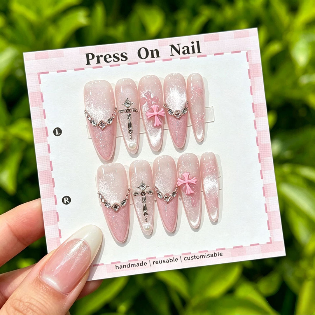 Artistic Press-On Nail Art Set with Cute Character and Bow Accents