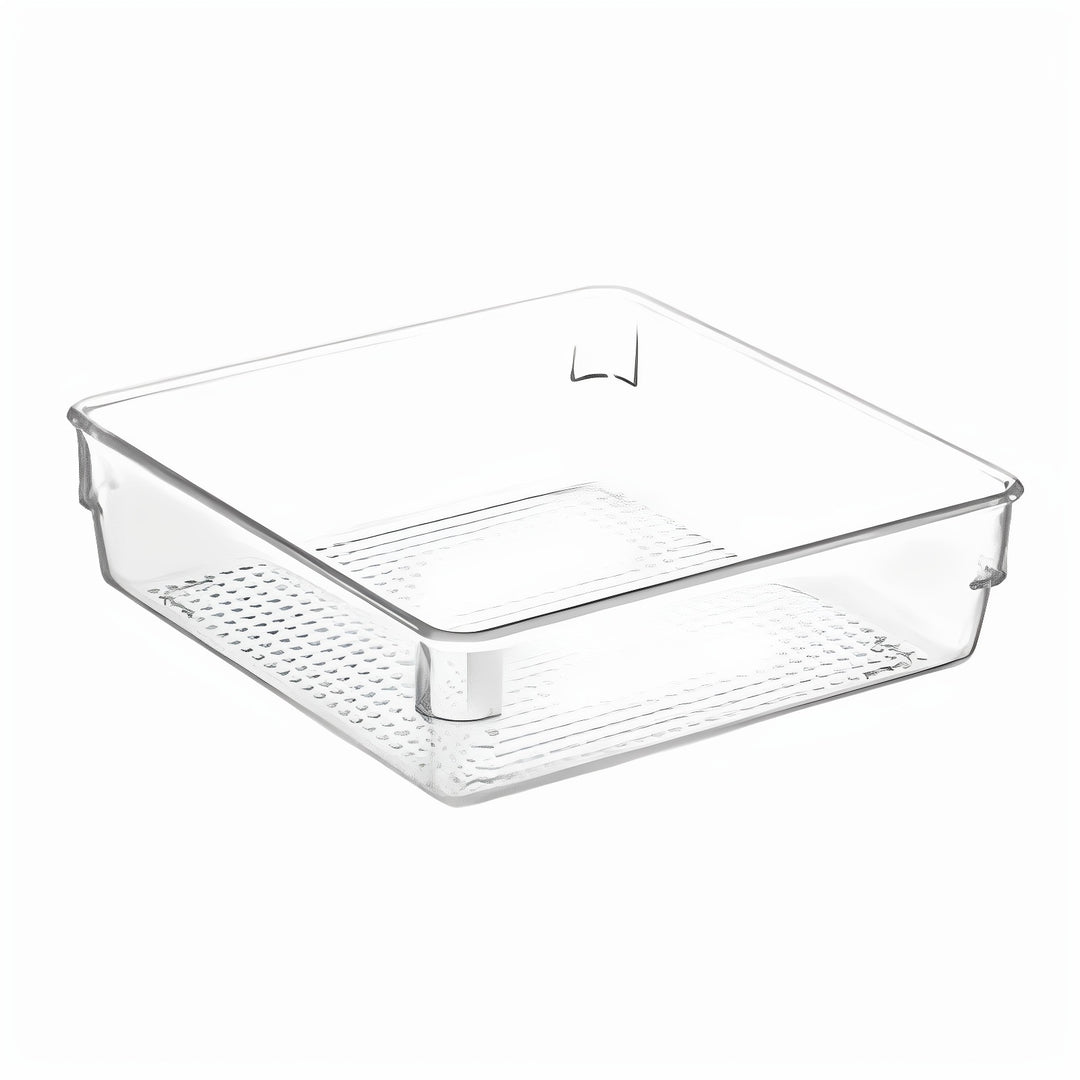 Transparent refrigerator door shelf with ribbed bottom and clip attachment
