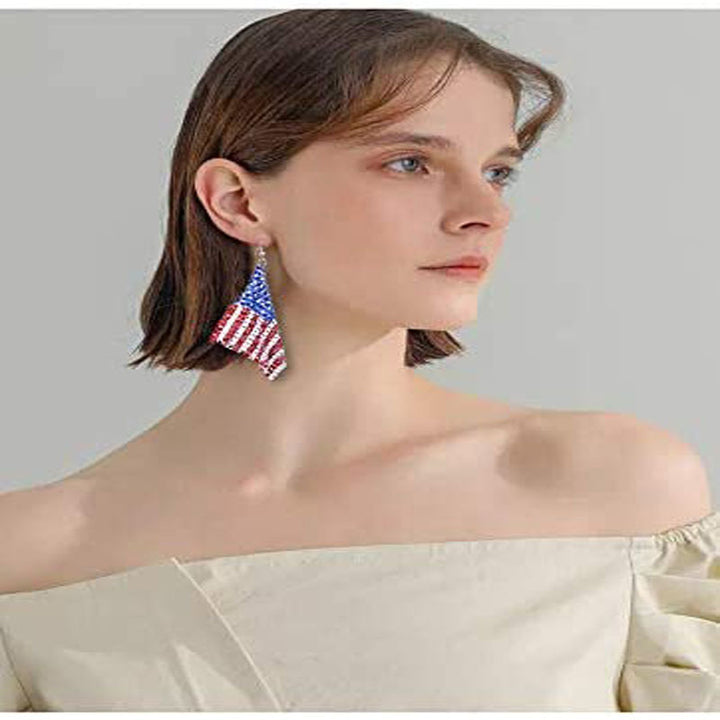 Ladies' long crystal mesh earrings with flag pattern and fishhook clasp Kalsten