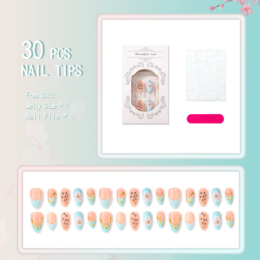 Artistic Press-On Nail Set with Floral and Metal Accents