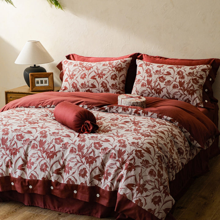 Woven bedding set made of cotton-linen mix with decorative floral jacquard and fine pillow trim