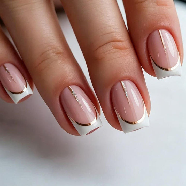 Elegant French Tip Acrylic Press-On Nails with Gold Accent