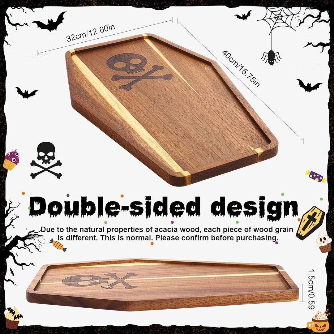 Skull-engraved acacia wood serving board with a raised edge