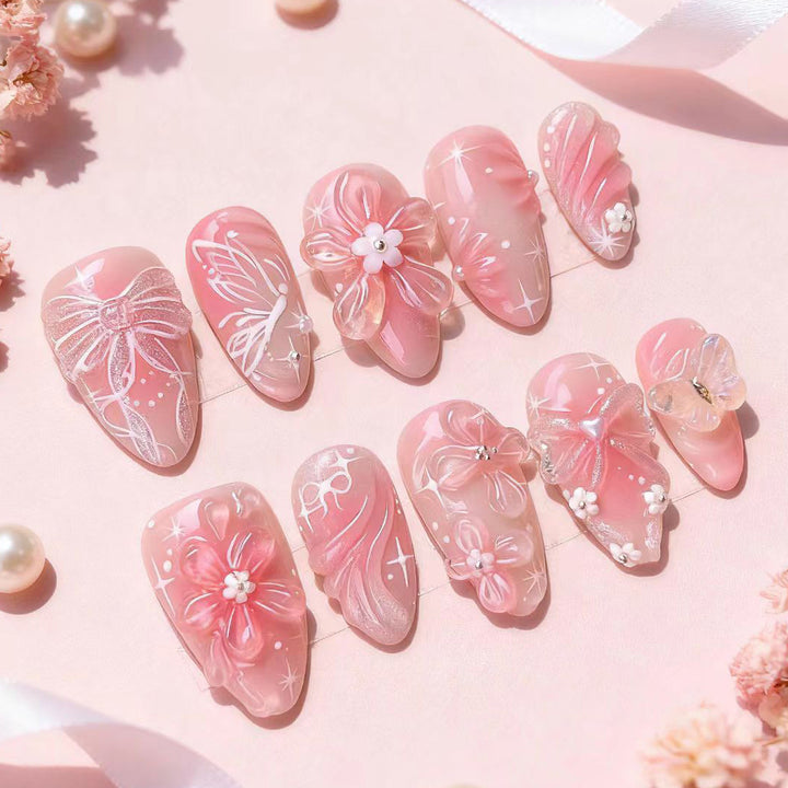 Floral and Bow-Embellished Press-On Nail Art Set Kalsten