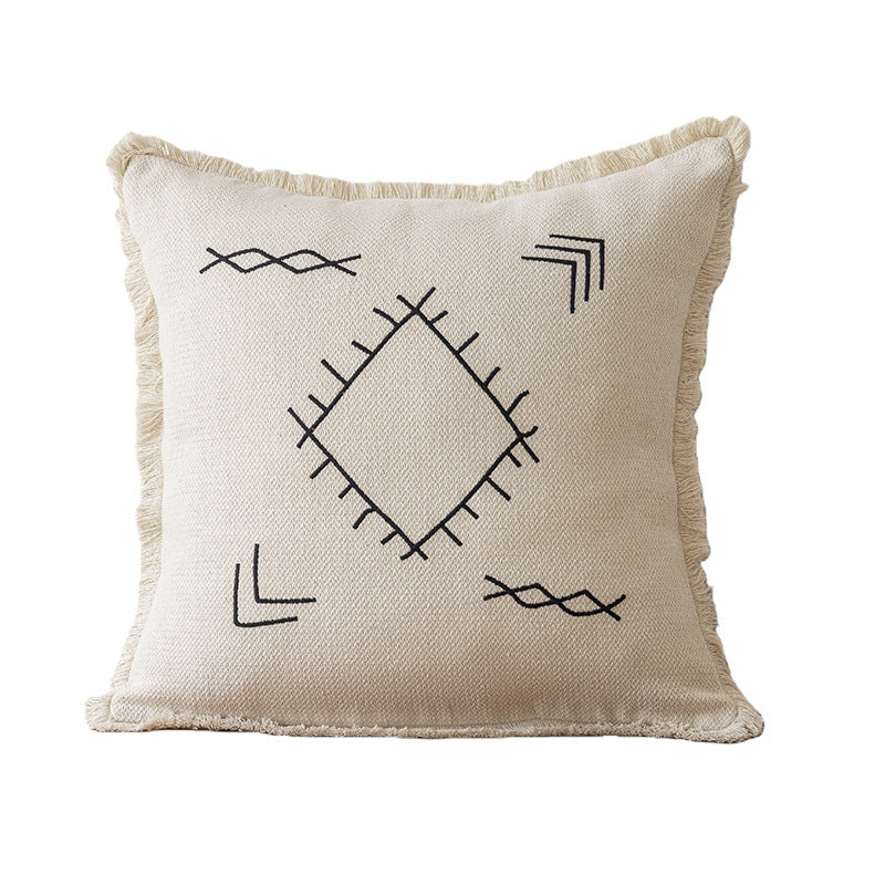 Decorative Embroidered Fish & Waves Fringe Throw Pillow with Linen-Blend Cover