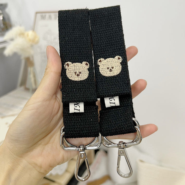 Detachable Woven Bag Strap with Embroidered Bear and Silver Swivel Clips
