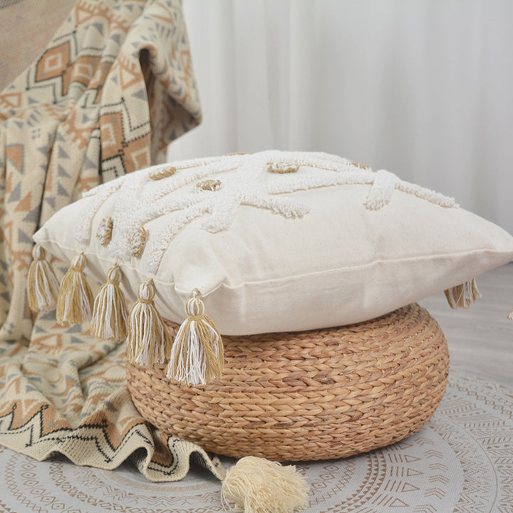 Decorative Textured Cotton Throw Pillow with Tassels and Tufted Geometric Pattern