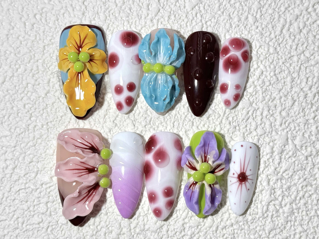 Artistic Press-On Nail Set with Floral and Green Accents