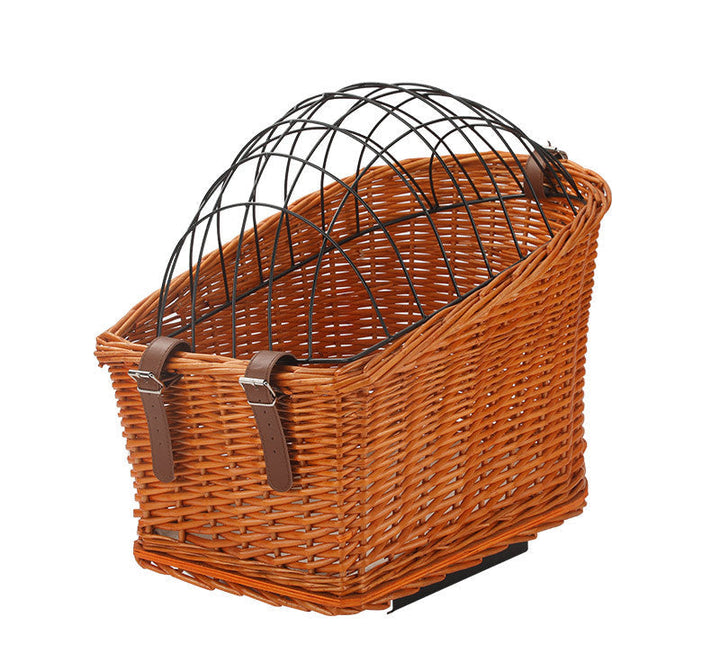 front-mount wicker bicycle pet carrier basket with foldable metal safety dome and adjustable leather buckle straps Kalsten