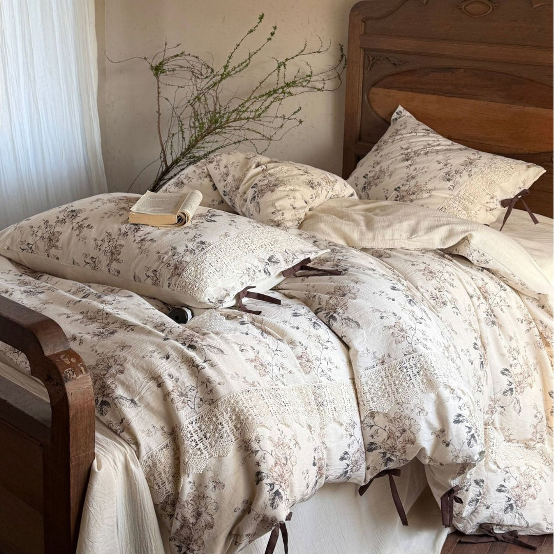 Romantic cotton-linen bedding set with lace trim and decorative ribbons