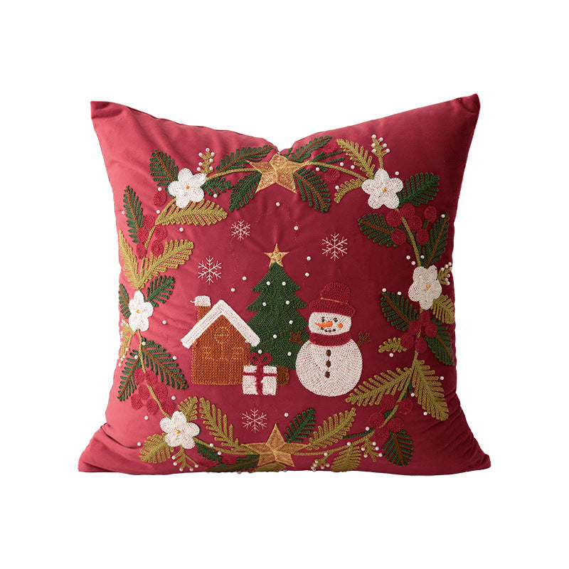Embroidered Christmas decorative pillow cover with sequins and festive wreath motif