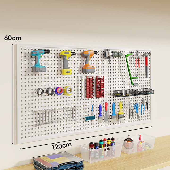 Wall-Mounted Perforated Metal Tool Pegboard Organizer Panel with Modular Hooks and Wire Baskets
