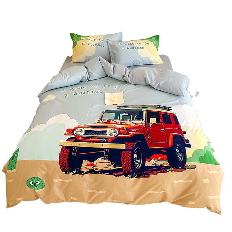 Children's bedding set with off-road jeep adventure illustration and soft cotton mix