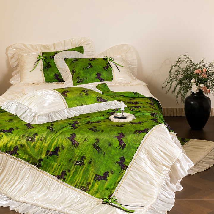 Exclusive satin bedding set with horse print, pleated ruffles and decorative trim
