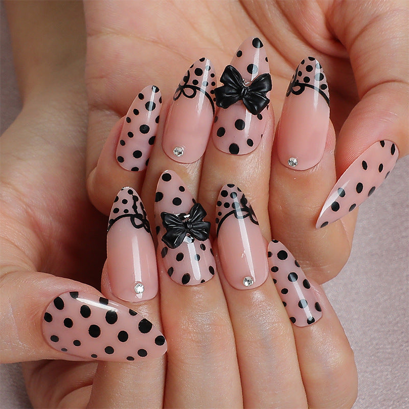Artistic Press-On Nail Set with Polka Dot and Bow Designs kalsten