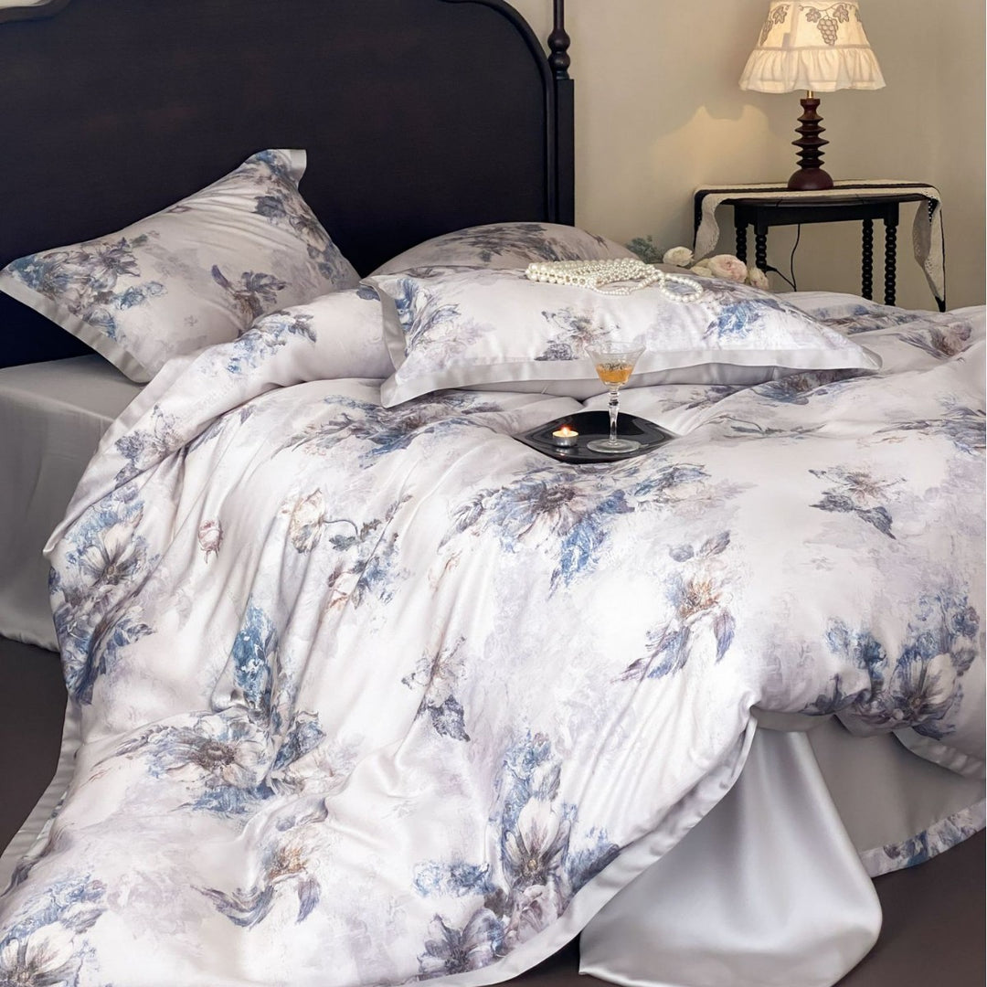 Luxurious satin bedding with floral watercolor print