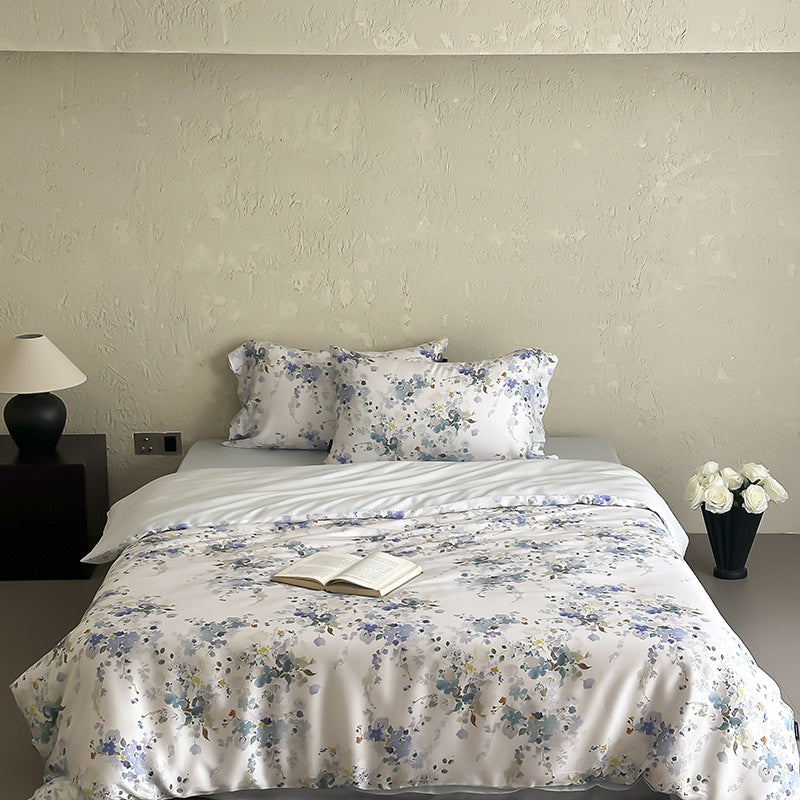 Luxurious satin bedding set with floral watercolor print and silky shiny finish