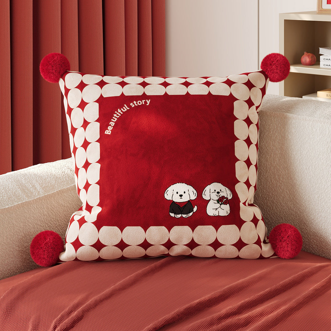 Polka Dot Bouclé Cushion Cover with Faux-Fur Pom-Pom Corners and Gift Bow Motif