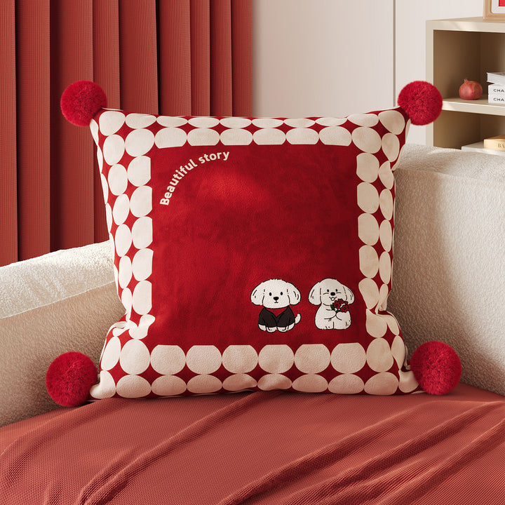 Polka Dot Bouclé Cushion Cover with Faux-Fur Pom-Pom Corners and Gift Bow Motif