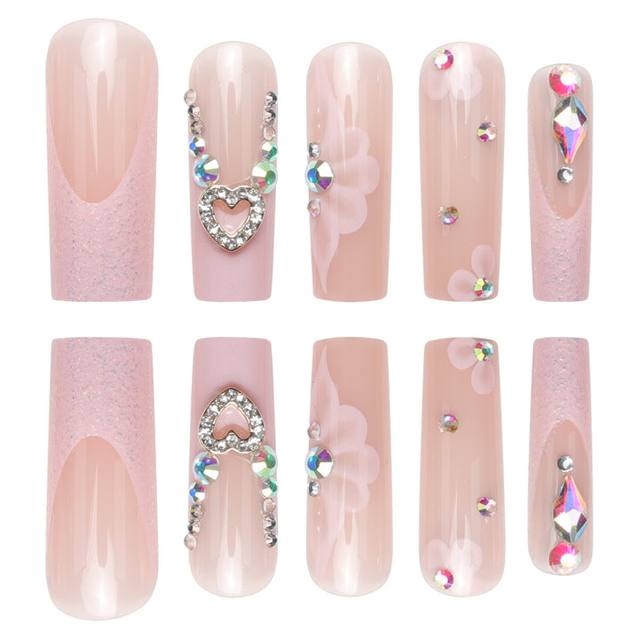 Decorative Long Press-On Nail Set with Floral and Gem Details Kalsten