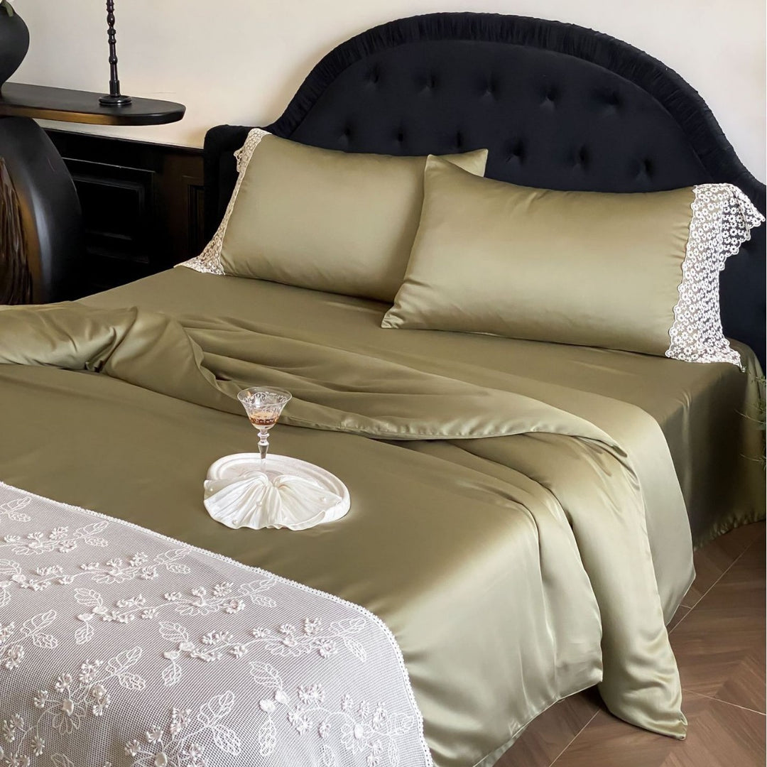 Satin bedding set with lace pillowcase and embroidered bedspread