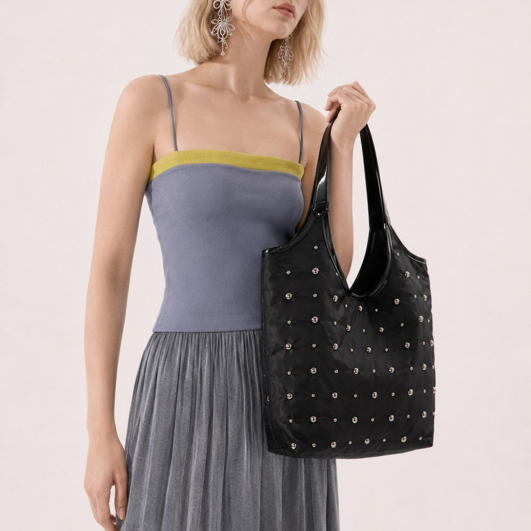 Quilted Tote Bag with Studded Accents