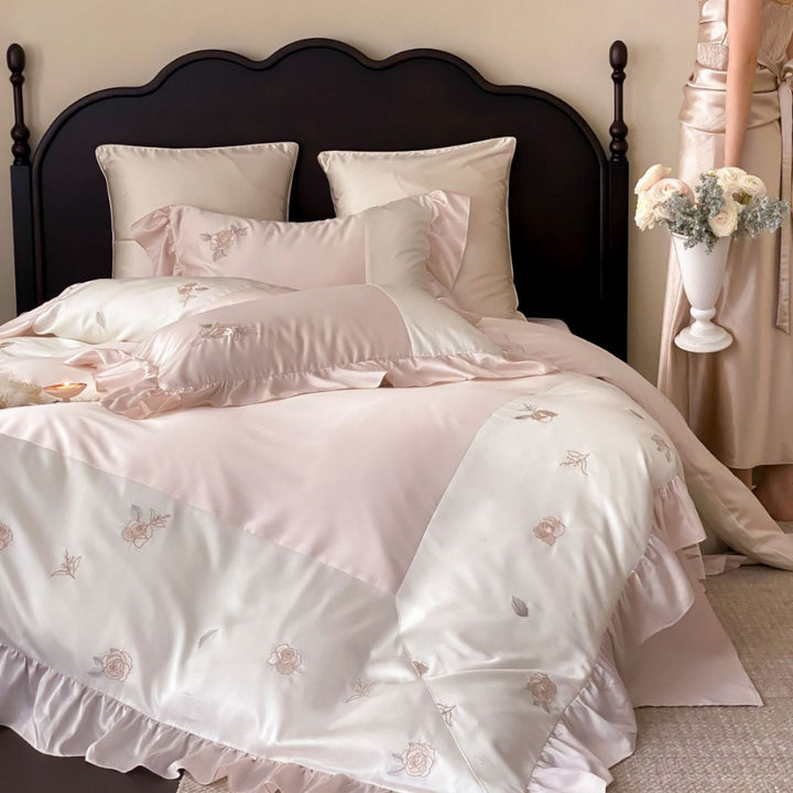 Elegant satin bedding set with ruffle and fine rose embroidery