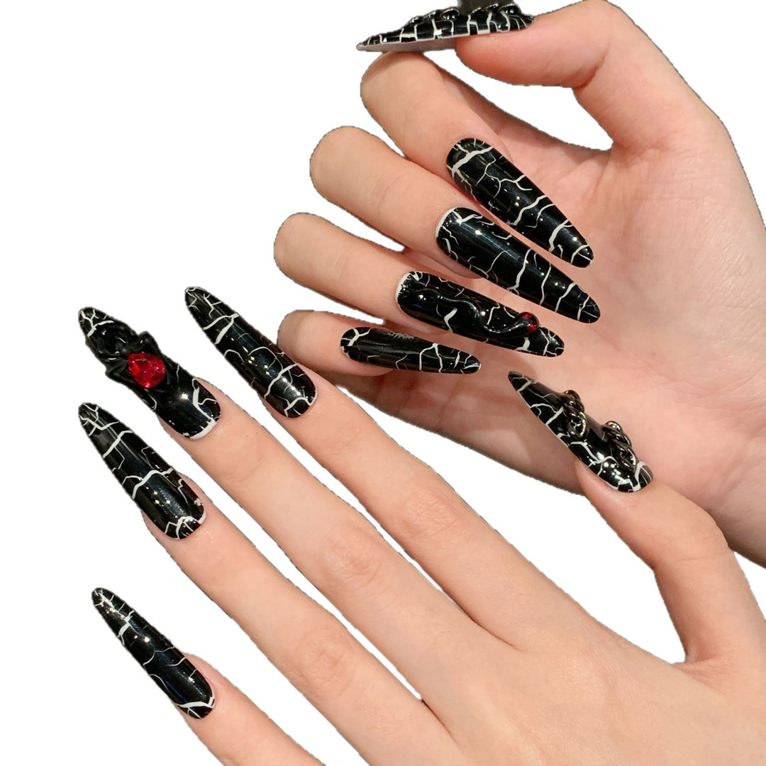 Artistic Press-On Nail Set with Modern Black Marble Design