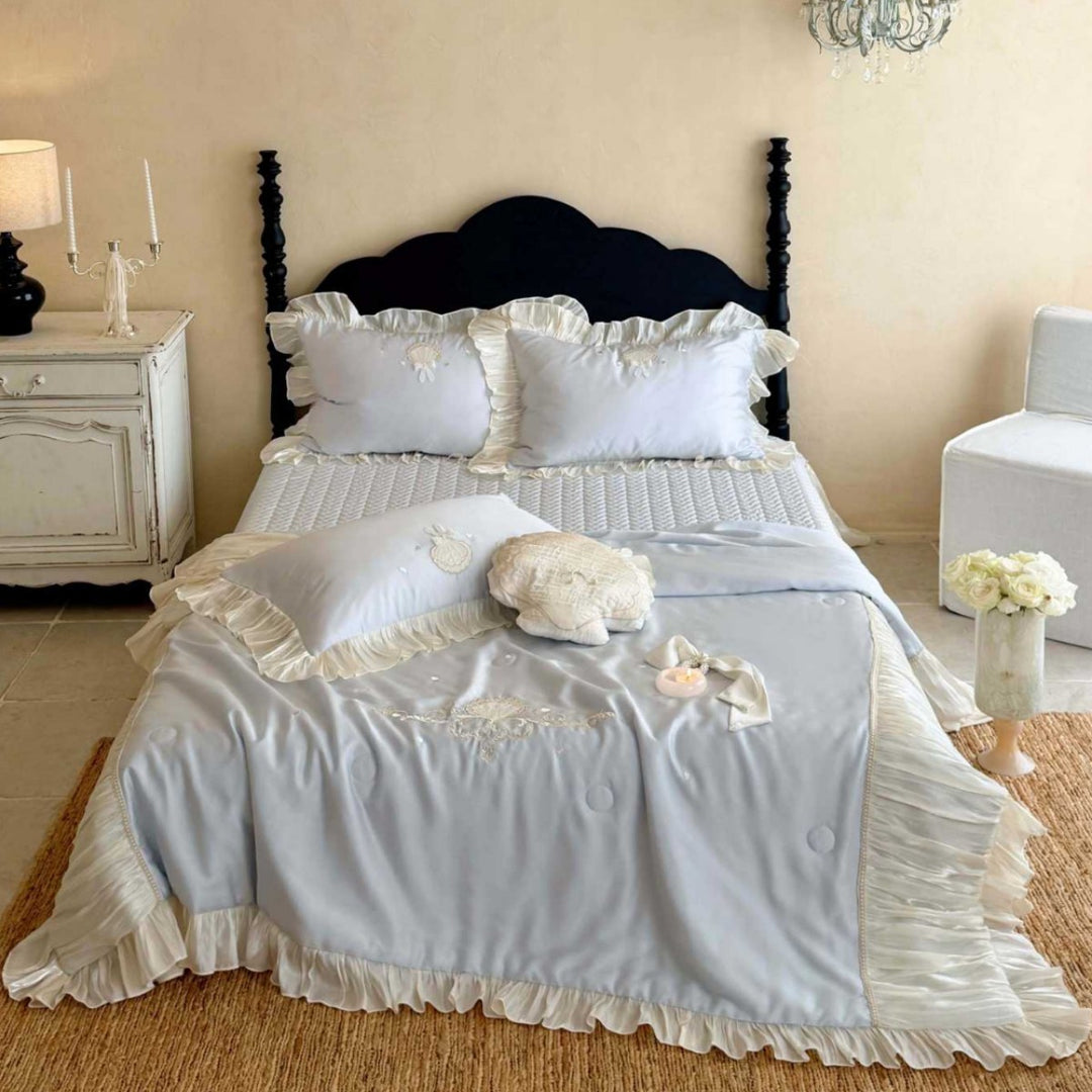 Romantic bedspread set with pleated ruffles, fine embroidery and decorative pillows